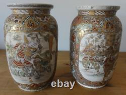 2 Japanese Meiji Period Satsuma Samurai Vases, signed