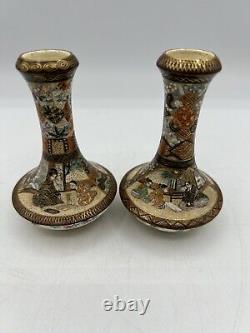 2-Japanese Satsuma Hand Painted Miniature Bottle Shaped Porcelain Vases Meiji