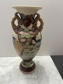 ANTIQUE JAPANESE SATSUMA VASE MEIJI PERIOD 12 Tall Double sided HAND PAINTED