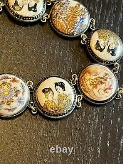 Amazing Antique Meiji Japanese Satsuma Porcelain Gold Silver Bracelet Geisha Dgn