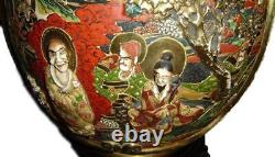 Antique Important Large Japanese Meiji Satsuma Porcelain Vase And Stand Signed