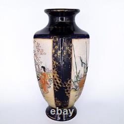 Antique Japanese Cobalt Blue Hexagonal Satsuma Pottery Vase by Kusube Meiji