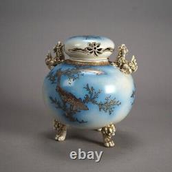 Antique Japanese Figural Satsuma Meiji Blue Footed Sensor Jar withKoi C1910