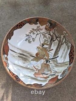 Antique Japanese Meiji Kutani Satsuma 9 Samurai Bowl by Ide Zentaro, Signed