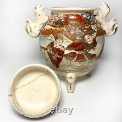 Antique Japanese Pottery Vase Jar Ginger Urn with Lid Satsuma Meiji Period Foo Dog