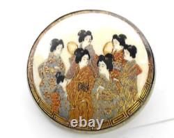 Antique Japanese SATSUMA Porcelain Meiji Period Geishas Gilt Brooch Pin Hallmark