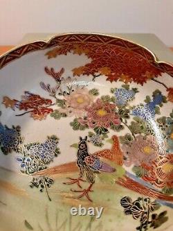 Antique Japanese Satsuma Lobed Bowl Signed Shuzan Meiji Period Birds and Flowers