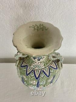 Antique Japanese Satsuma Meiji period heavy Moriage enamel pottery Vase
