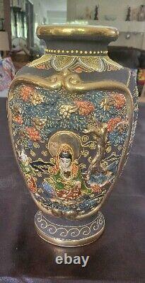 Antique Japanese Satsuma Moriage Vase Meiji Period Hand Painted And Signed 13 T