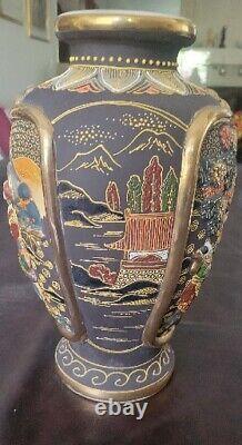 Antique Japanese Satsuma Moriage Vase Meiji Period Hand Painted And Signed 13 T