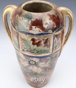 Antique Japanese Satsuma Pottery Meiji Vase Floral Moriage Handled Large 16H