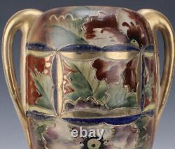 Antique Japanese Satsuma Pottery Meiji Vase Floral Moriage Handled Large 16H