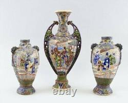Antique Meiji Japanese Moriage Satsuma Handpainted Vases lot