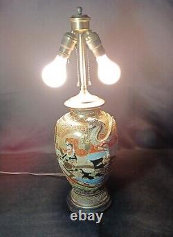Antique Meiji Japanese Satsuma Dragon Samurai Vase Table Lamp Hand Painted 23
