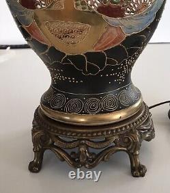 Antique Meiji Japanese Satsuma Vase Table Lamp Hand Painted Signed 27 Tall