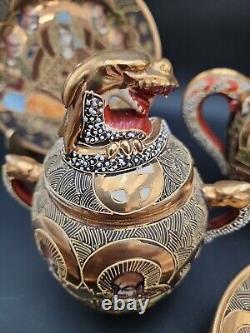 Antique Meiji Period Japanese Satsuma Moriage Dragonware Tea Set Immortals