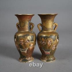Antique Pair Japanese Meiji Satsuma 1000 Faces Porcelain Vases Circa 1900