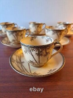 Antique RARE Japanese Meiji Satsuma Kutani Bamboo 6 Tea Cups Saucers + Plates