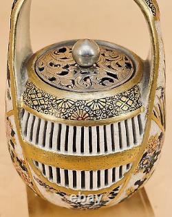Japanese Meiji Satsuma Cricket Cage With Fine Decorations & Silver Lid, Signed