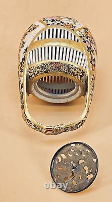 Japanese Meiji Satsuma Cricket Cage With Fine Decorations & Silver Lid, Signed