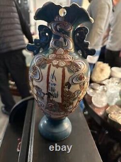 Japanese Meiji Satsuma Hand Painted Blue Vase with figures and flowers