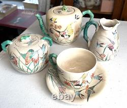 Japanese Satsuma Early Kinkozan Tea Set Meiji Period Birds teapot OLD