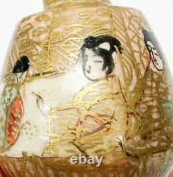 Japanese Satsuma Hand Painted Miniature Porcelain Vase Wood Stand Late Meiji per