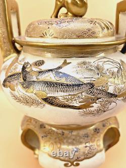 Large Japanese Meiji Satsuma Incense Burner Koro With Fish