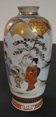 Meiji Japanese Kutani Satsuma Vase Geisha Figures Hand-Painted Gilt Signed