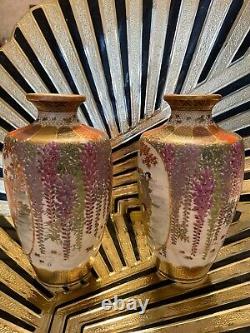 Miniature Pair Of Antique Japanese Satsuma Vases Artist Marks Meiji Period