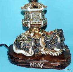 Nice Japanese Porcelain Earthenware Satsuma Meiji Lamp Foot Base Elephant Pagoda