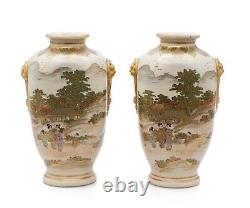 Pair Antique Satsuma Ware Pottery Vases by Hakusan Japanese Meiji c1880