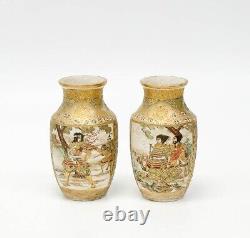 Pair Japanese Satsuma Hand Painted Porcelain Miniature Vases Samurai Meiji Per