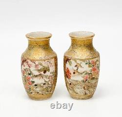Pair Japanese Satsuma Hand Painted Porcelain Miniature Vases Samurai Meiji Per