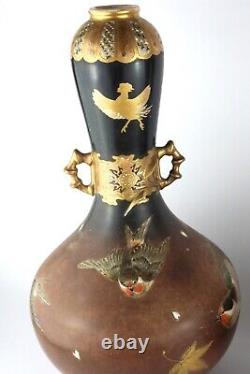 Pair Of Antique Meiji Japanese Satsuma Vases, Sparrows, Rooster Emblem