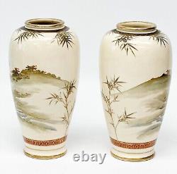 Pair Senzan Japanese Satsuma Hand Painted Porcelain Vases Bamboo & River Meiji