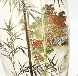 Pair Senzan Japanese Satsuma Hand Painted Porcelain Vases Bamboo & River Meiji