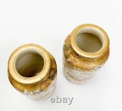 Pair Taizan Japanese Satsuma Hand Painted Porcelain Miniature Vases Meiji Signed