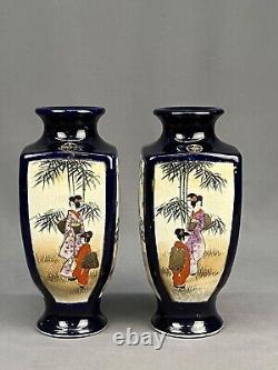 Pair of Japanese Meiji Period Satsuma 9 1/2 Cobalt Pottery Vases Signed