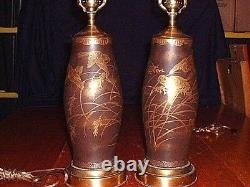 Pr Antique Hand Painted Japanese Meiji Period Black & Gold Satsuma Vase Lamps
