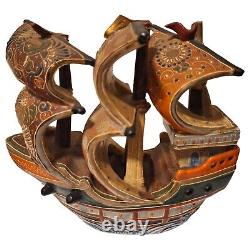 Rare Antique Japanese Meiji Satsuma 3 Masted Ship Boat Porcelain Sculpture